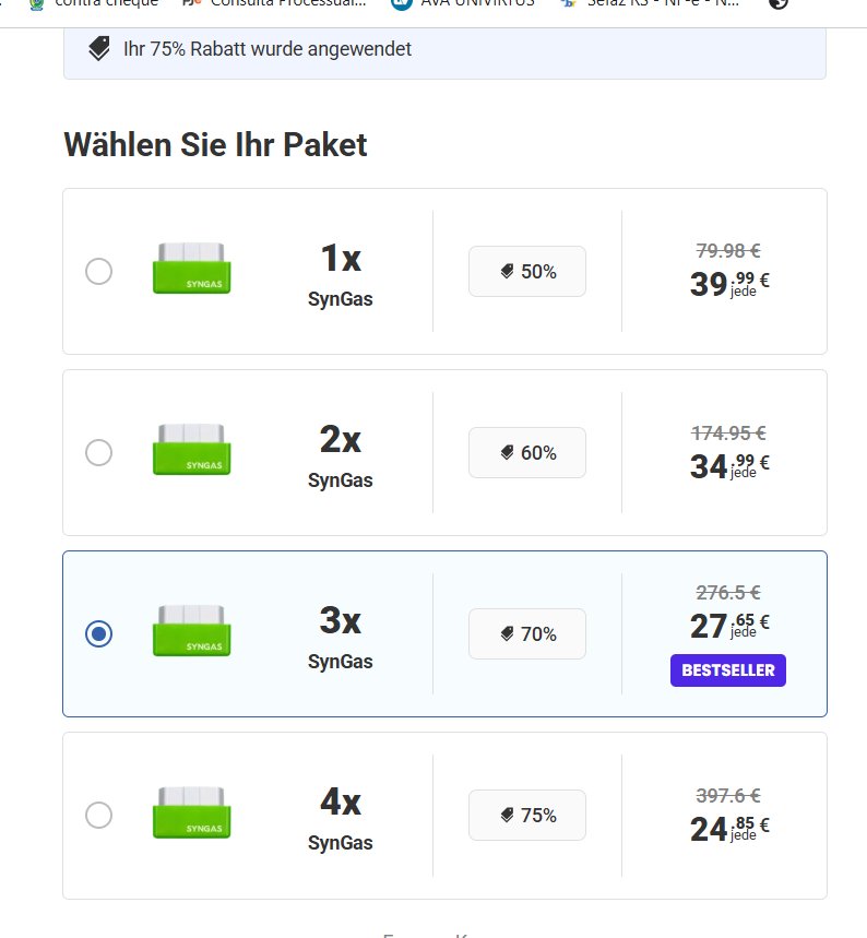 SynGas Bestellseite – Paketauswahl